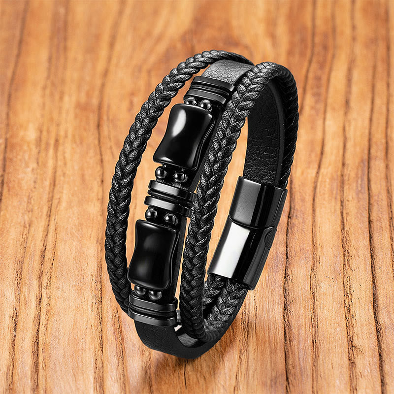 Bracelet en cuir tressé Buddha Stones, aventurine verte, améthyste, onyx noir et cristal rose, symbole de positivité - Onyx noir - 18-22 cm - image 6