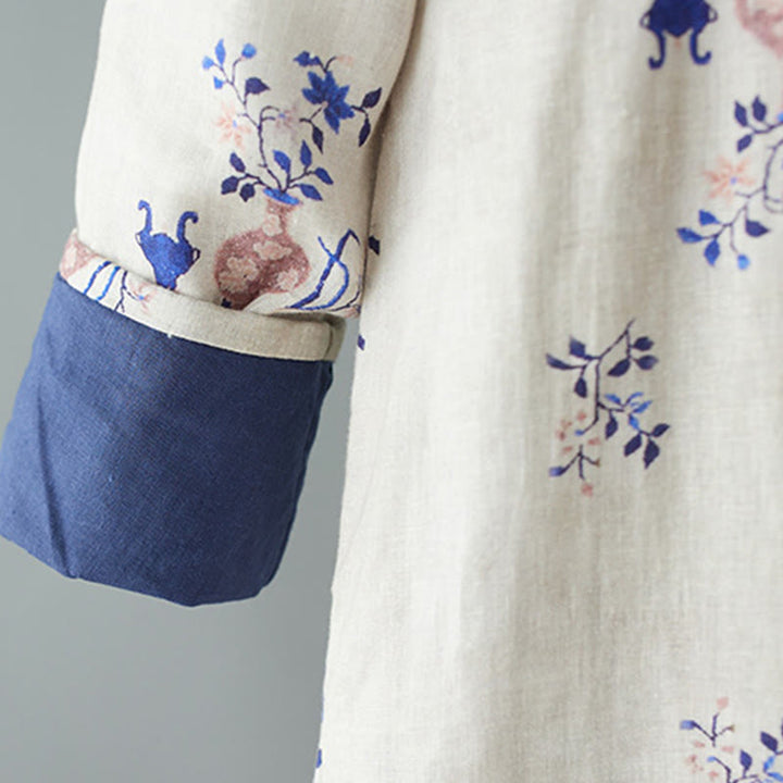 Robe midi en coton à manches longues et col rond, ornée de Buddha Stones , col montant et boutons brandebourg. - image 4