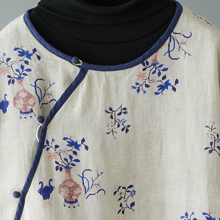 Robe midi en coton à manches longues et col rond, ornée de Buddha Stones , col montant et boutons brandebourg. - image 2