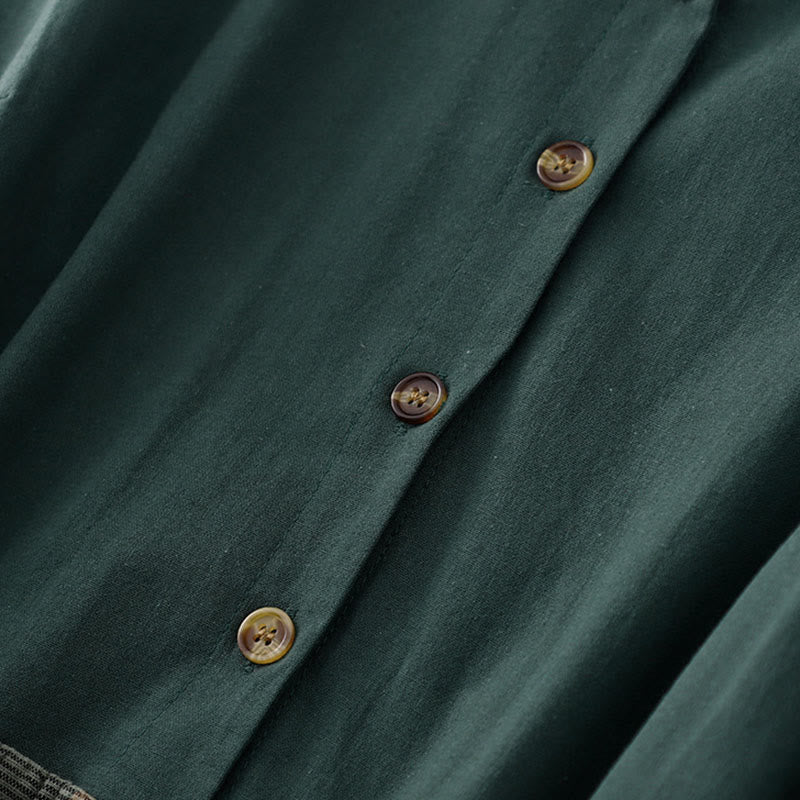 Robe midi en coton à manches longues et poches, ornée d'un revers en forme de Buddha Stones et de blocs de couleur. - image 4