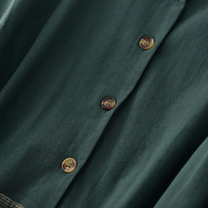 Robe midi en coton à manches longues et poches, ornée d'un revers en forme de Buddha Stones et de blocs de couleur. - image 4