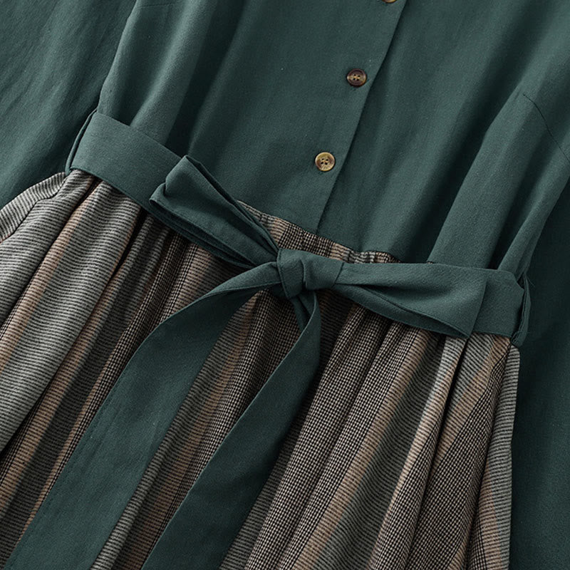 Robe midi en coton à manches longues et poches, ornée d'un revers en forme de Buddha Stones et de blocs de couleur. - image 2