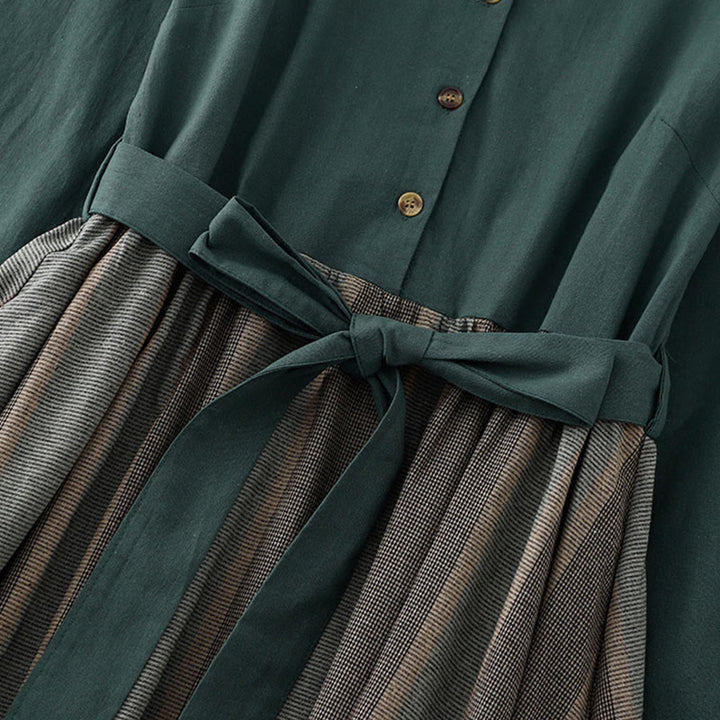 Robe midi en coton à manches longues et poches, ornée d'un revers en forme de Buddha Stones et de blocs de couleur. - image 2