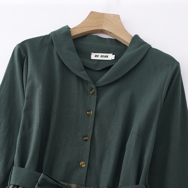 Robe midi en coton à manches longues et poches, ornée d'un revers en forme de Buddha Stones et de blocs de couleur. - image 3