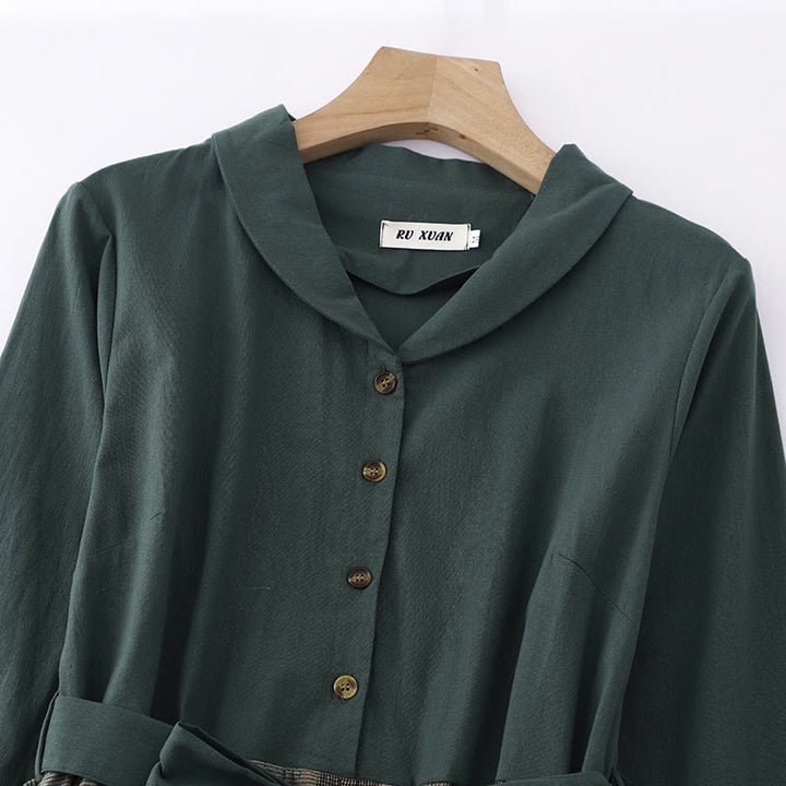 Robe midi en coton à manches longues et poches, ornée d'un revers en forme de Buddha Stones et de blocs de couleur. - image 3