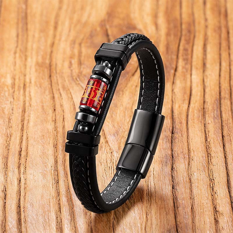 Bracelet de protection et d'équilibre en onyx noir, cuir et acier titane, orné du symbole du dragon Om Mani Padme Hum et de Buddha Stones . - Mantra de Liuli rouge - 18-22 cm - image 9