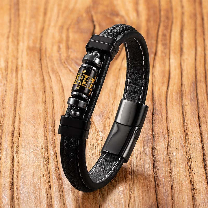 Bracelet de protection et d'équilibre en onyx noir, cuir et acier titane, orné du symbole du dragon Om Mani Padme Hum et de Buddha Stones . - Mantra d'onyx noir - 18-22 cm - image 12