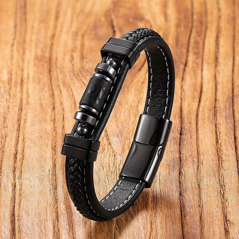 Bracelet de protection et d'équilibre en onyx noir, cuir et acier titane, orné du symbole du dragon Om Mani Padme Hum et de Buddha Stones . - Liuli noir mat - 18-22 cm - image 10