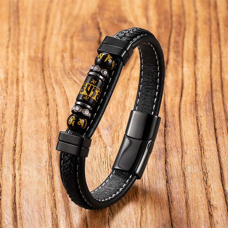 Bracelet de protection et d'équilibre en onyx noir, cuir et acier titane, orné du symbole du dragon Om Mani Padme Hum et de Buddha Stones . - Onyx Noir Om Mani Padme Hum, - 18-22 cm - image 0