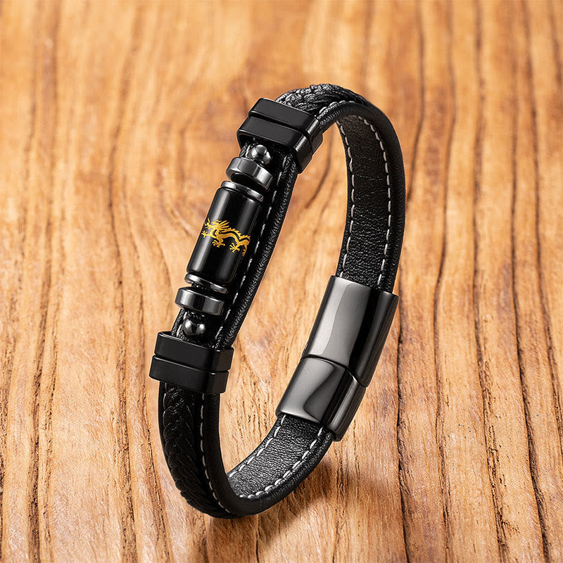 Bracelet de protection et d'équilibre en onyx noir, cuir et acier titane, orné du symbole du dragon Om Mani Padme Hum et de Buddha Stones . - Dragon d'onyx noir - 18-22 cm - image 7