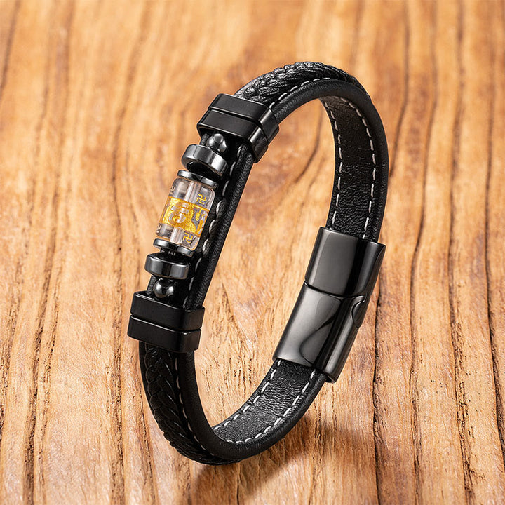 Bracelet de protection et d'équilibre en onyx noir, cuir et acier titane, orné du symbole du dragon Om Mani Padme Hum et de Buddha Stones . - Mantra de Liuli blanc - 18-22 cm - image 5