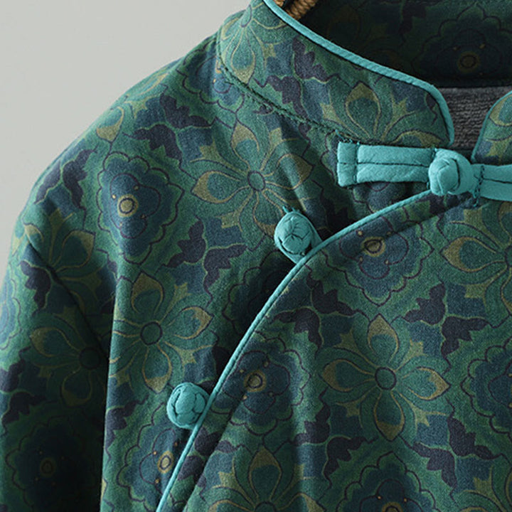 Robe midi en coton à manches longues, col montant, boutons brandebourg et motif floral, ornée de Buddha Stones - image 4