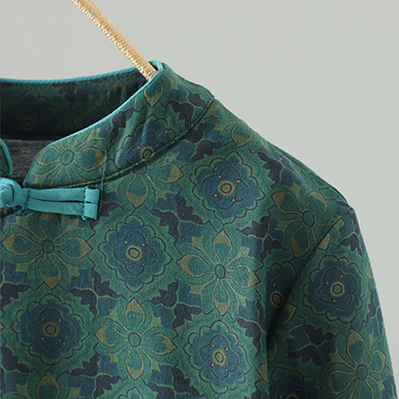 Robe midi en coton à manches longues, col montant, boutons brandebourg et motif floral, ornée de Buddha Stones - image 5