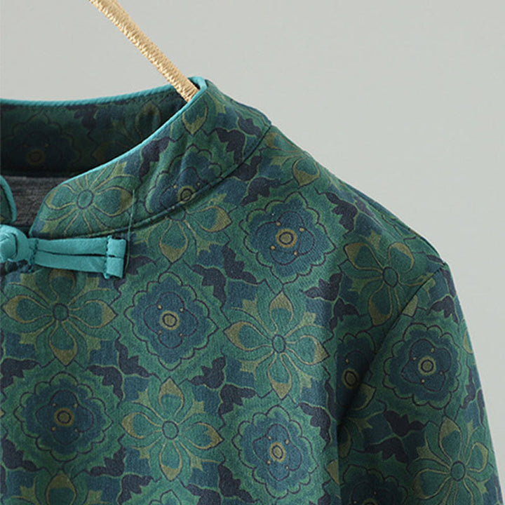 Robe midi en coton à manches longues, col montant, boutons brandebourg et motif floral, ornée de Buddha Stones - image 5