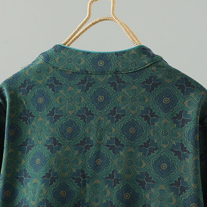 Robe midi en coton à manches longues, col montant, boutons brandebourg et motif floral, ornée de Buddha Stones - image 2