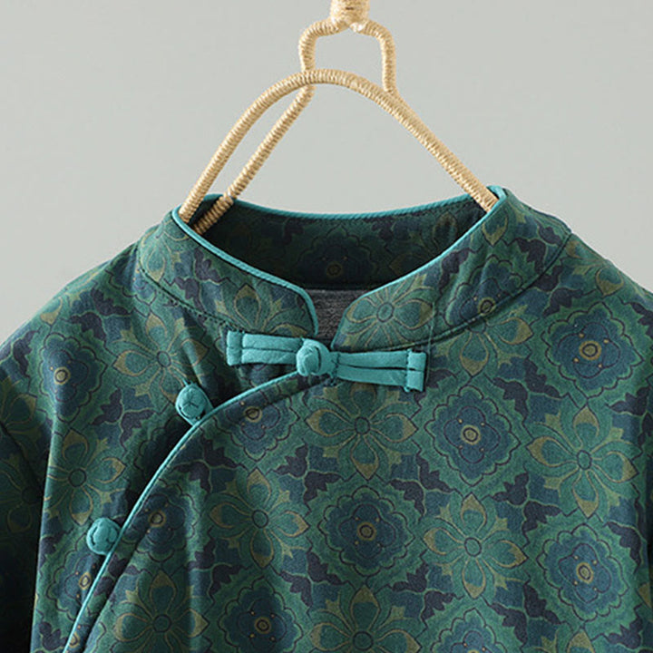 Robe midi en coton à manches longues, col montant, boutons brandebourg et motif floral, ornée de Buddha Stones - image 3