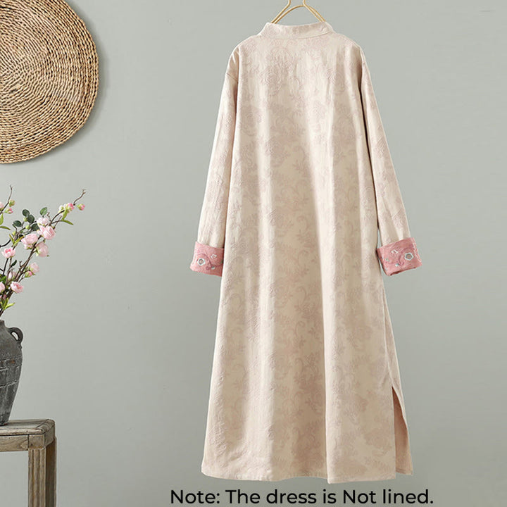 Robe midi en coton à manches longues, col montant, boutons brandebourg et broderie florale, ornée de Buddha Stones - image 1