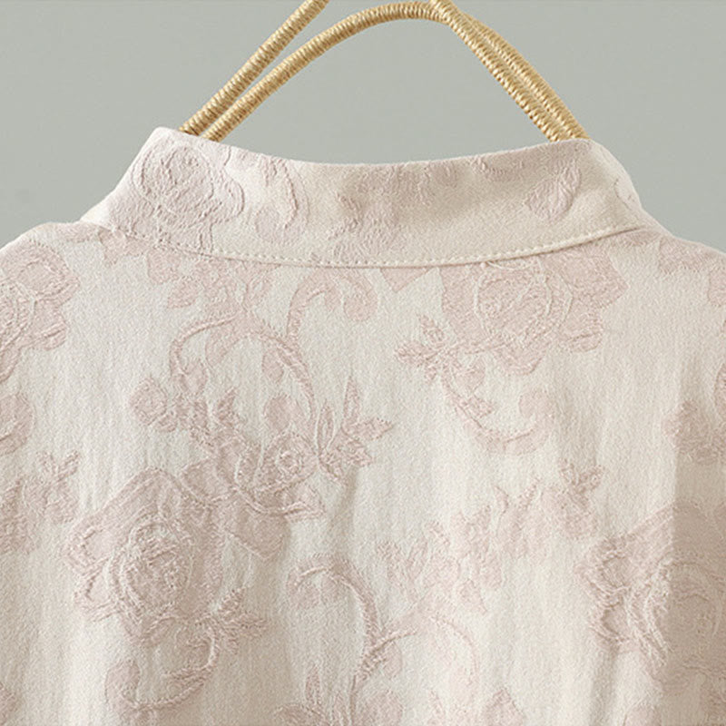 Robe midi en coton à manches longues, col montant, boutons brandebourg et broderie florale, ornée de Buddha Stones - image 6