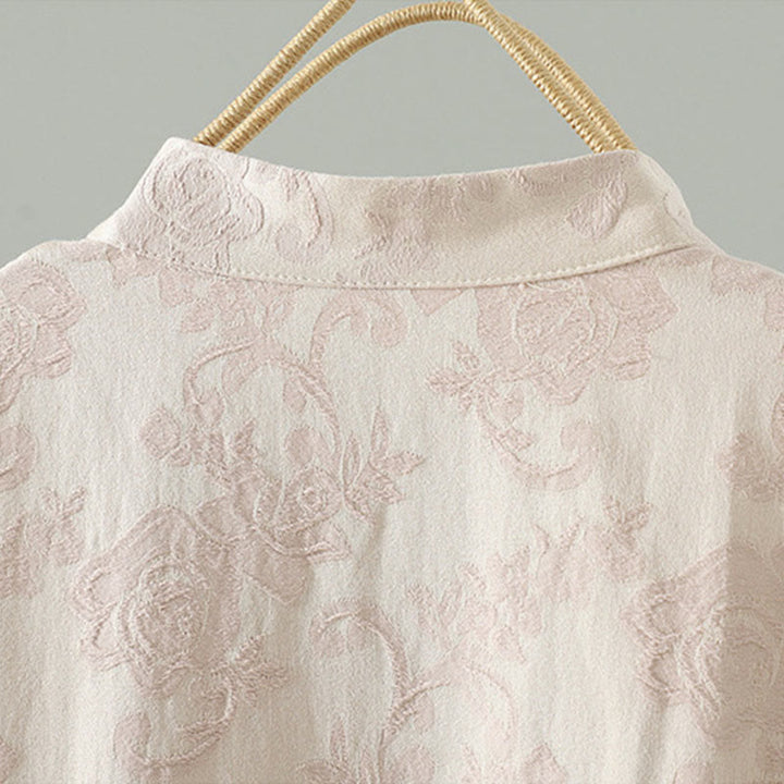 Robe midi en coton à manches longues, col montant, boutons brandebourg et broderie florale, ornée de Buddha Stones - image 6