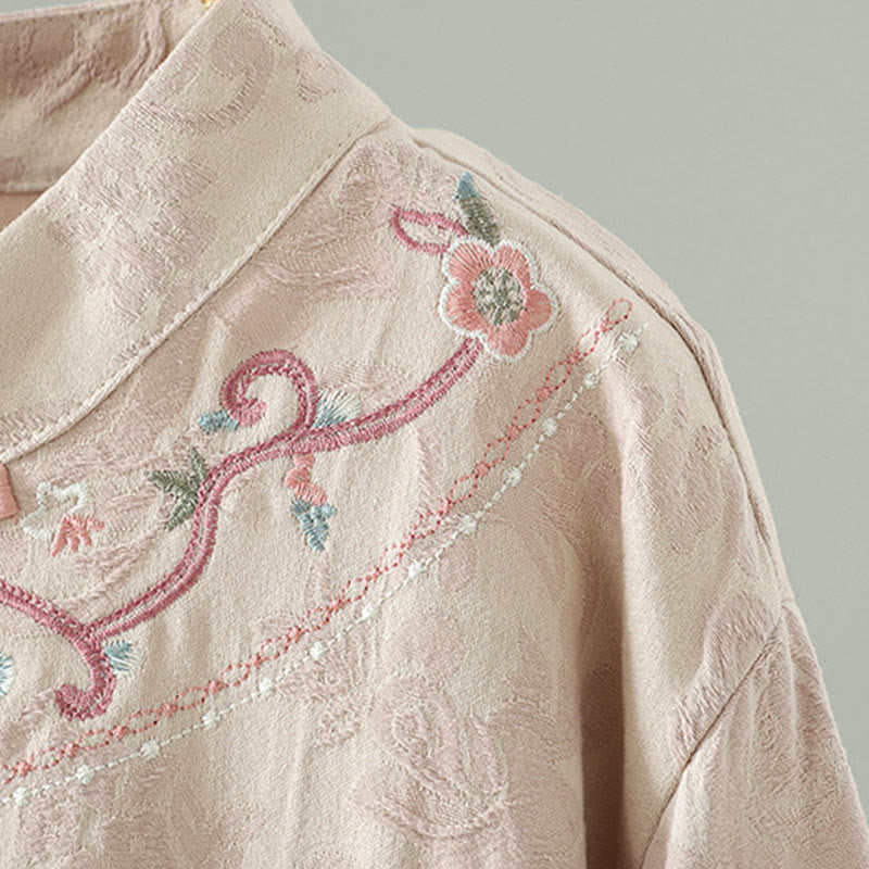 Robe midi en coton à manches longues, col montant, boutons brandebourg et broderie florale, ornée de Buddha Stones - image 3