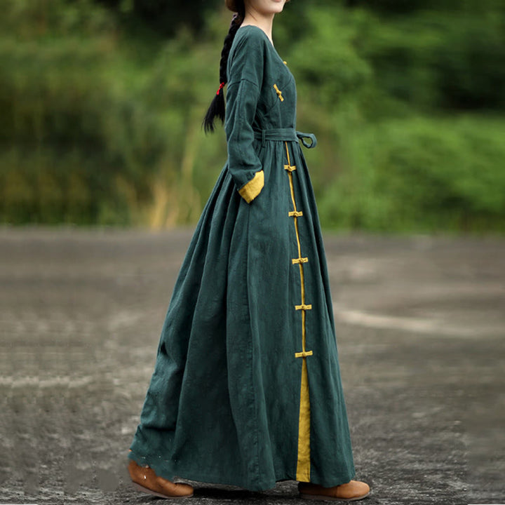 Robe midi en coton uni à manches longues, col en V et poches, ornée de boutons grenouille, Buddha Stones - image 4