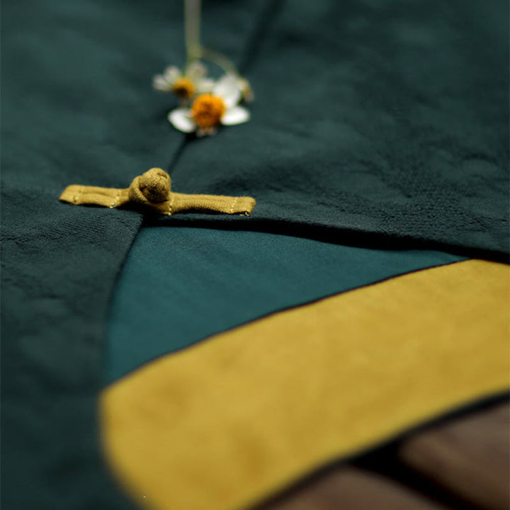 Robe midi en coton uni à manches longues, col en V et poches, ornée de boutons grenouille, Buddha Stones - image 7