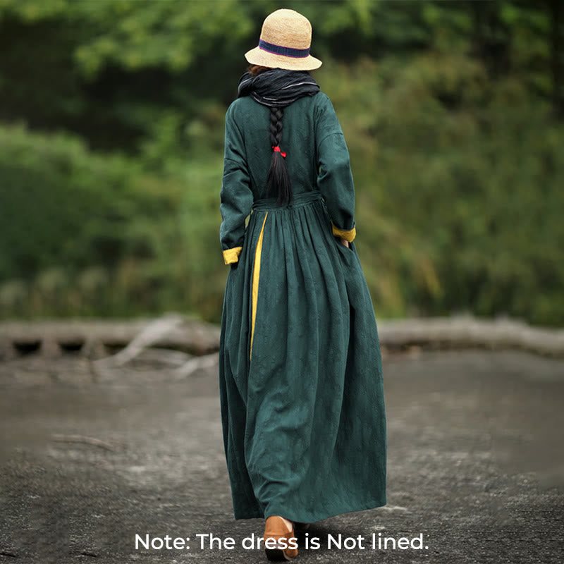 Robe midi en coton uni à manches longues, col en V et poches, ornée de boutons grenouille, Buddha Stones - image 1