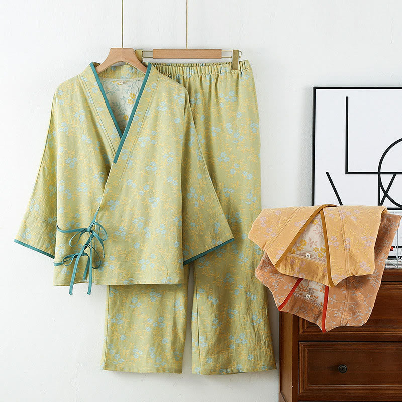 Ensemble pyjama en coton 2 pièces avec poches, motif floral coloré à manches longues et col en V, Buddha Stones. - JauneVert - US12，UK/AU16，EU44 (XL) - image 0