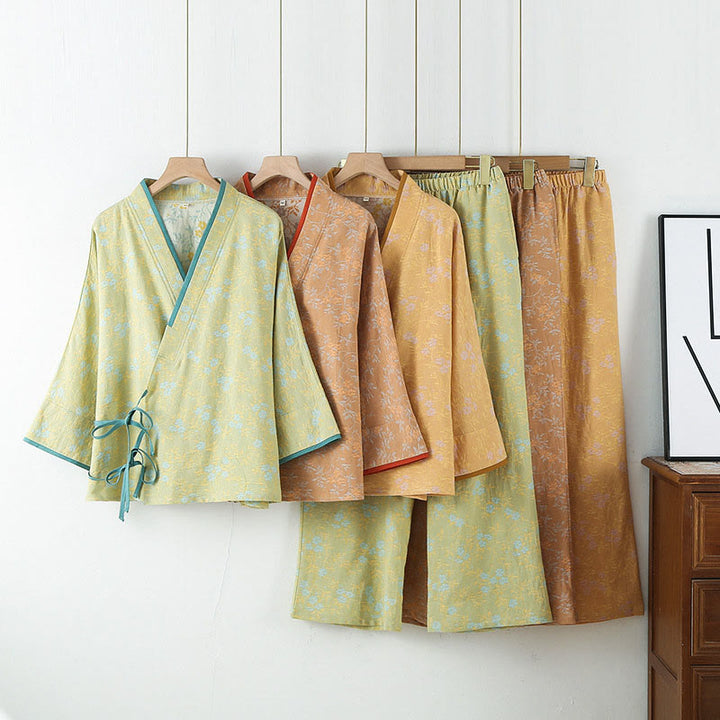 Ensemble pyjama en coton 2 pièces avec poches, motif floral coloré à manches longues et col en V, Buddha Stones. - image 13