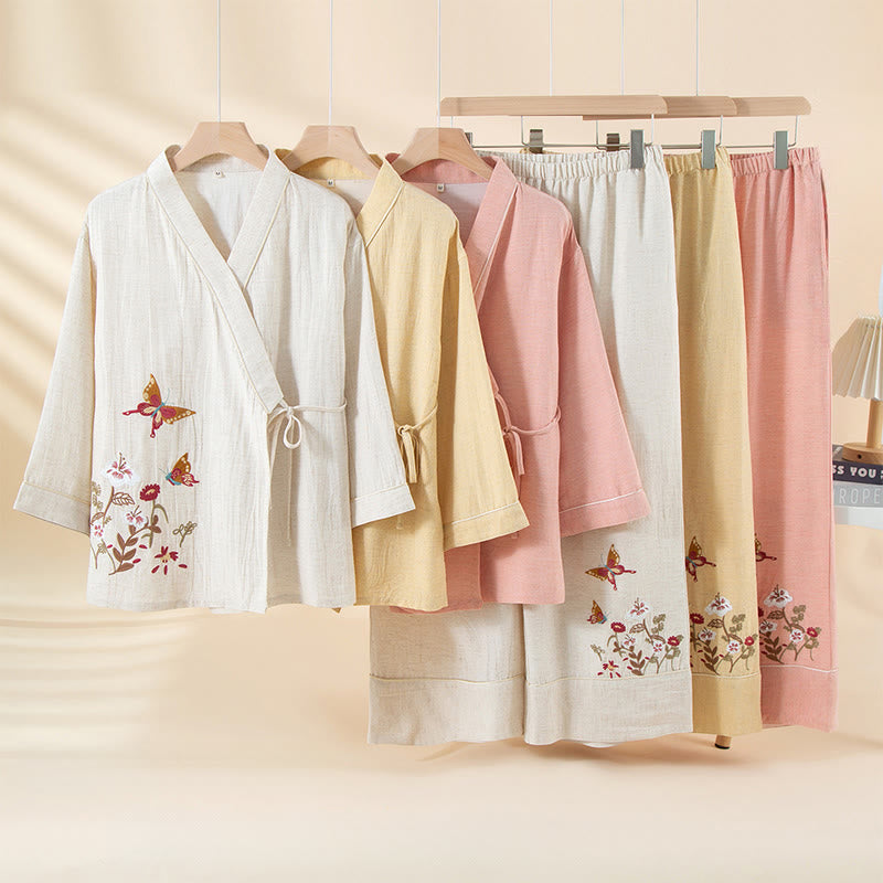 Ensemble pyjama en Buddha Stones 2 pièces avec poches, motif floral coloré et papillon, composé d'un haut à manches longues et col en V et d'un pantalon. - image 7
