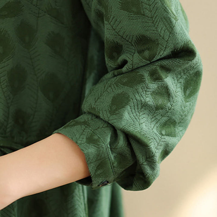 Robe midi en coton à manches longues, col montant et motif de feuilles de Buddha Stones , avec poches - image 6