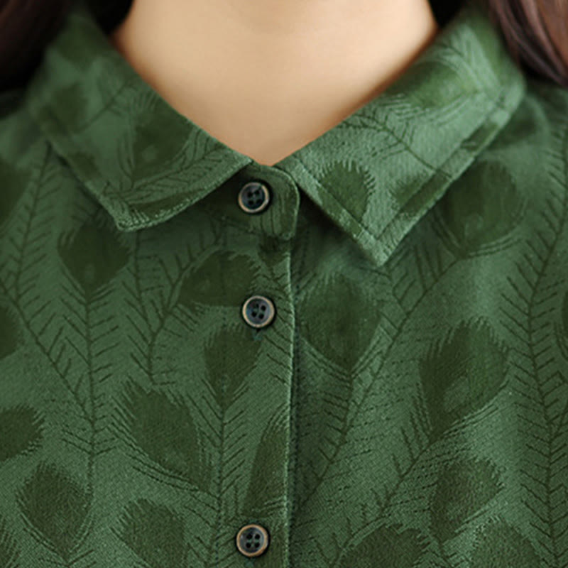 Robe midi en coton à manches longues, col montant et motif de feuilles de Buddha Stones , avec poches - image 5