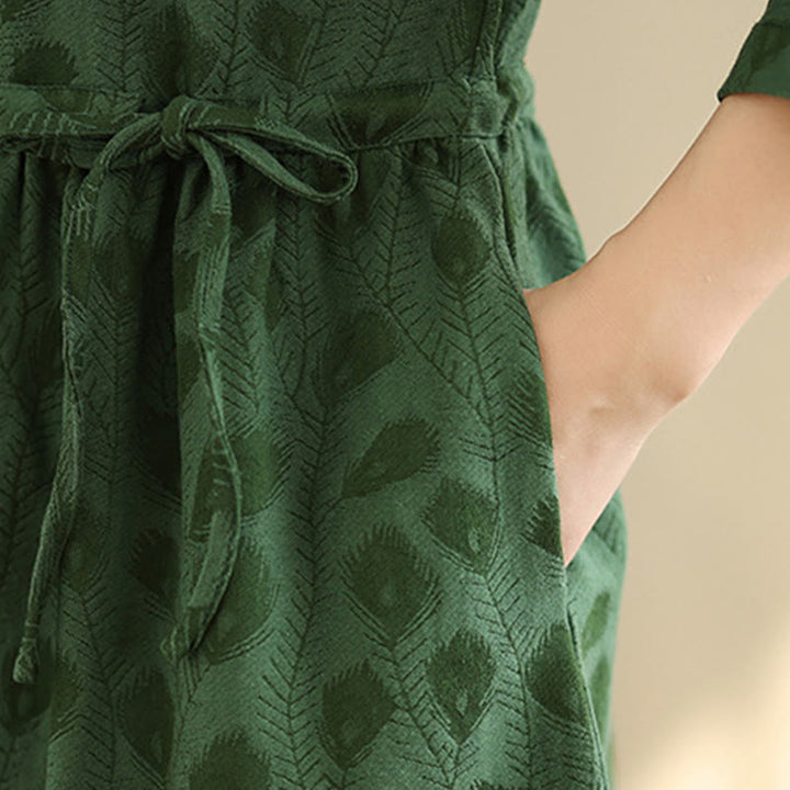 Robe midi en coton à manches longues, col montant et motif de feuilles de Buddha Stones , avec poches - image 8