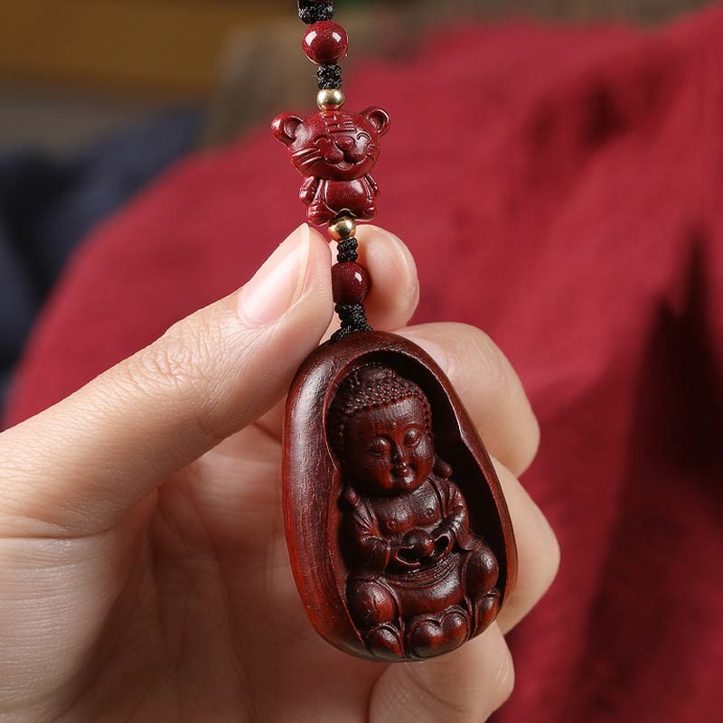 Porte-clés de protection en Buddha Stones en bois de santal rouge à petites feuilles, amulette du zodiaque chinois en cinabre