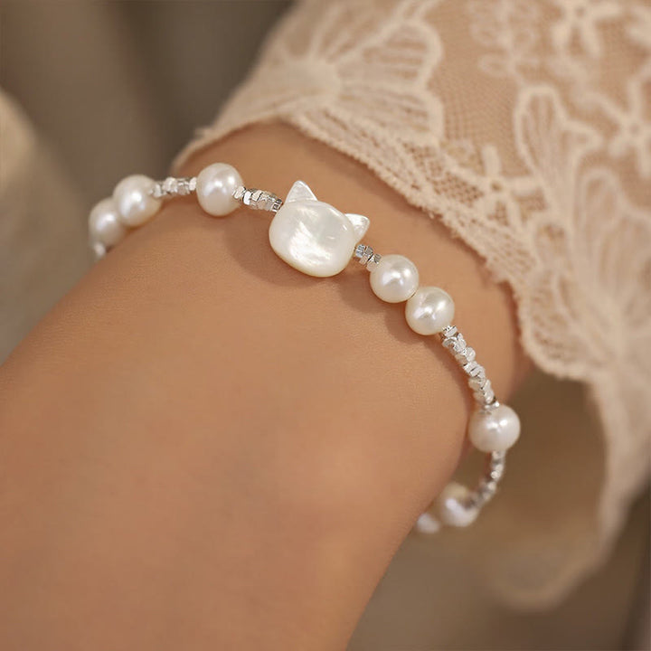 Bracelet de guérison en argent avec chaîne en pierre Tridacna et tête de chat en Buddha Stones - image 2