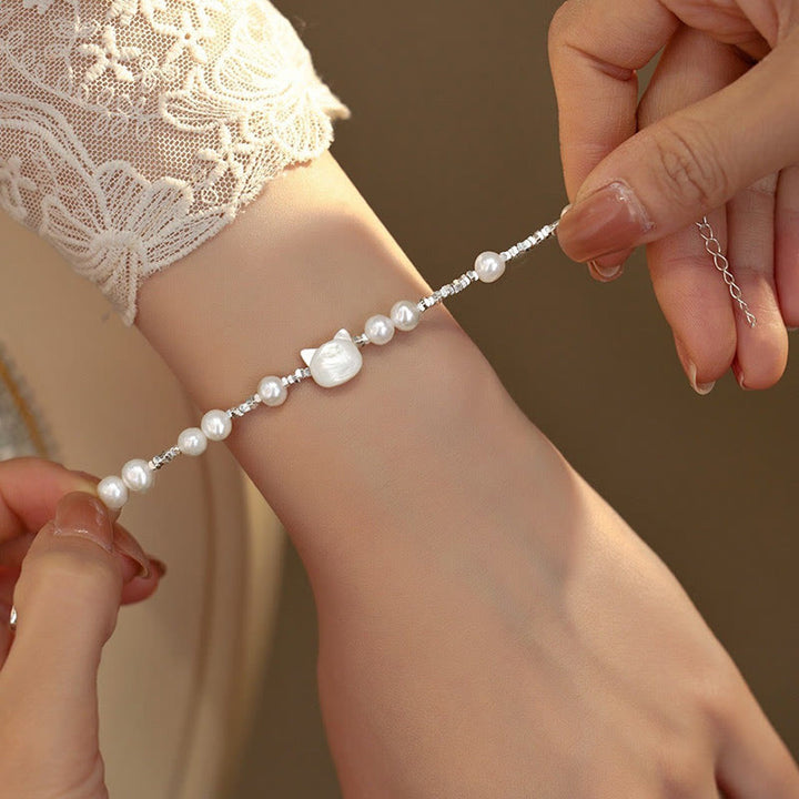 Bracelet de guérison en argent avec chaîne en pierre Tridacna et tête de chat en Buddha Stones - image 3