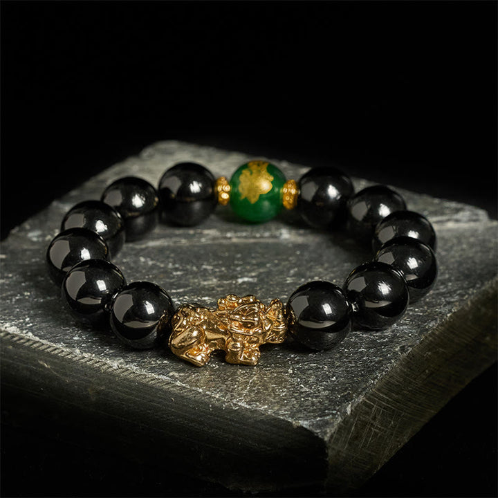 Bracelet de protection Pi Xiu en Buddha Stones, onyx noir, agate verte et perles d'onyx. - Onyx noir - 14 mm (Tour de poignet : 16-17 cm) - image 0