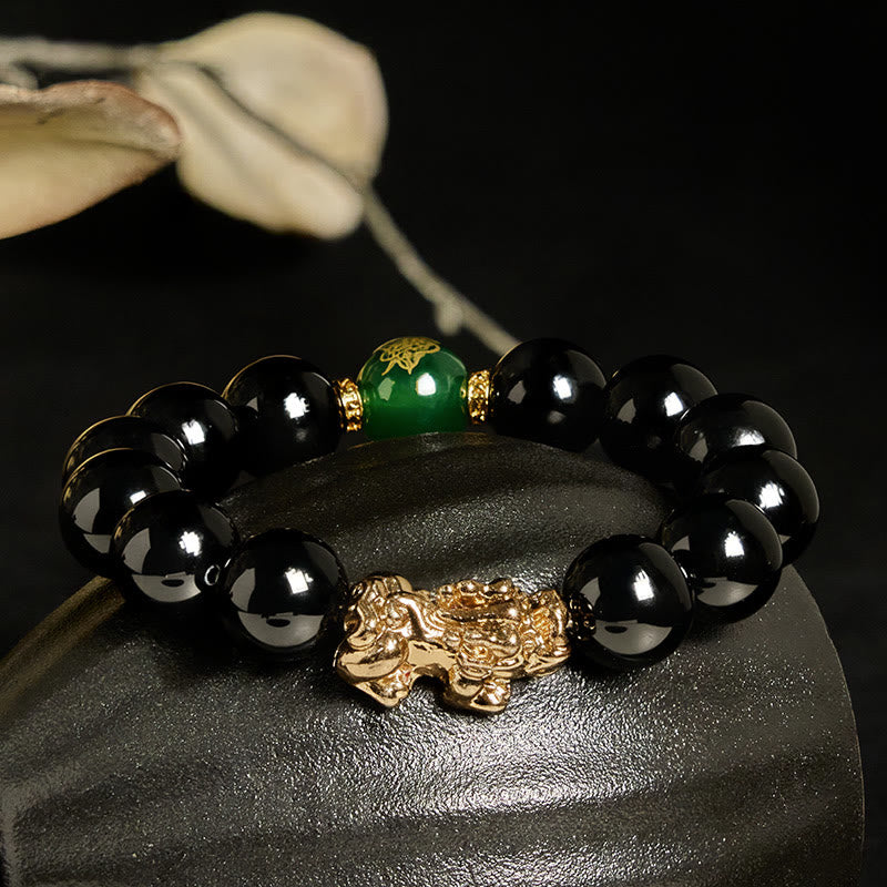 Bracelet de protection Pi Xiu en Buddha Stones, onyx noir, agate verte et perles d'onyx. - image 1