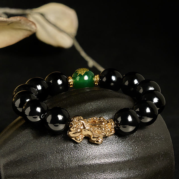 Bracelet de protection Pi Xiu en Buddha Stones, onyx noir, agate verte et perles d'onyx. - image 1