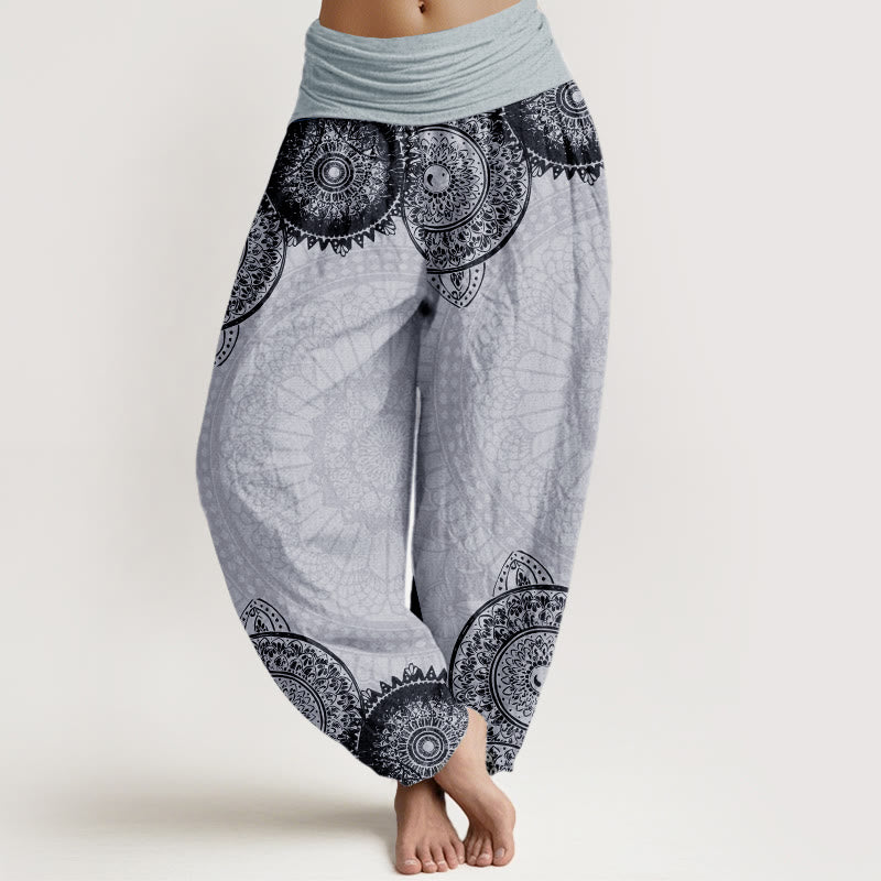 Pantalon sarouel à taille élastique pour femme, motif mandala circulaire en pur coton, Buddha Stones - Gris clair - US22，UK/AU26，EU54 (6XL) - image 9