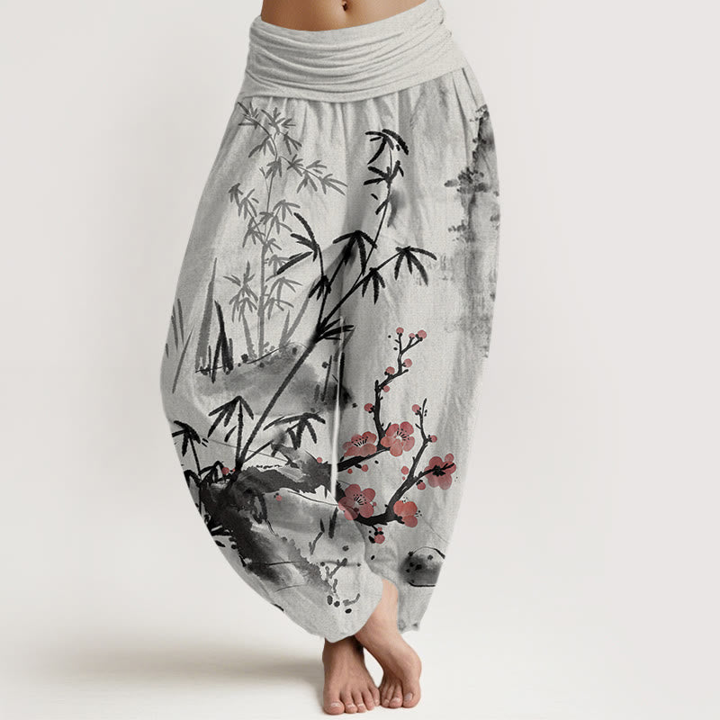 Pantalon harem à taille élastique pour femme , Buddha Stones, coton, fleurs de prunier, bambou, orchidées et chrysanthèmes - Gris clair - US22，UK/AU26，EU54 (6XL) - image 0