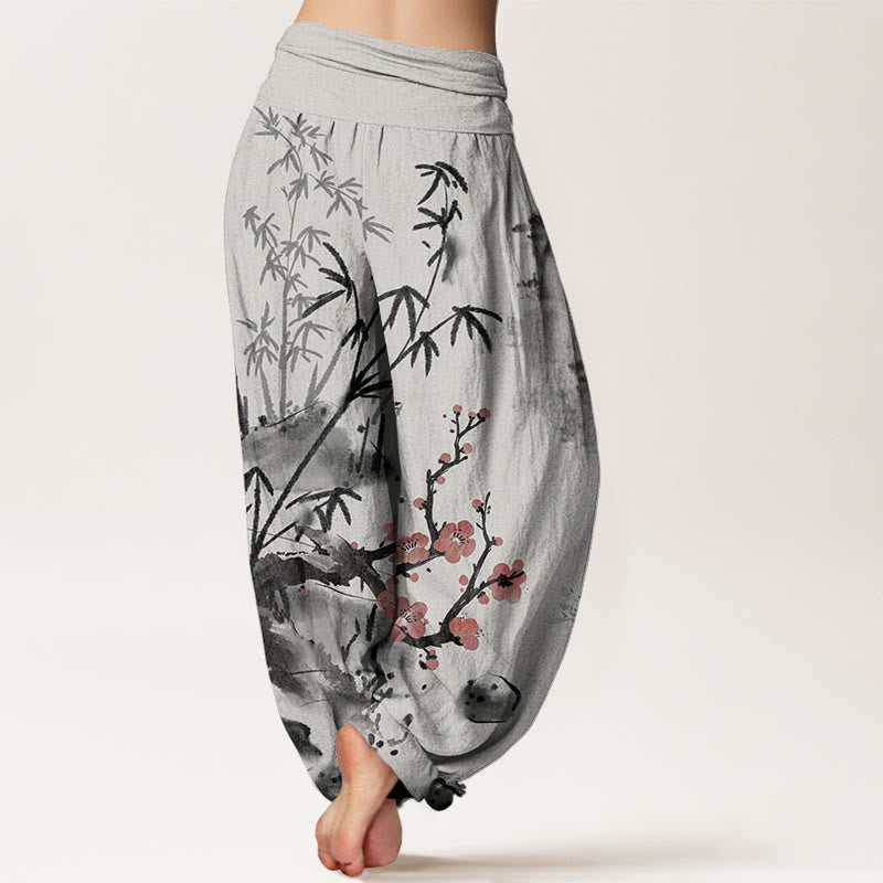 Pantalon harem à taille élastique pour femme , Buddha Stones, coton, fleurs de prunier, bambou, orchidées et chrysanthèmes - image 1