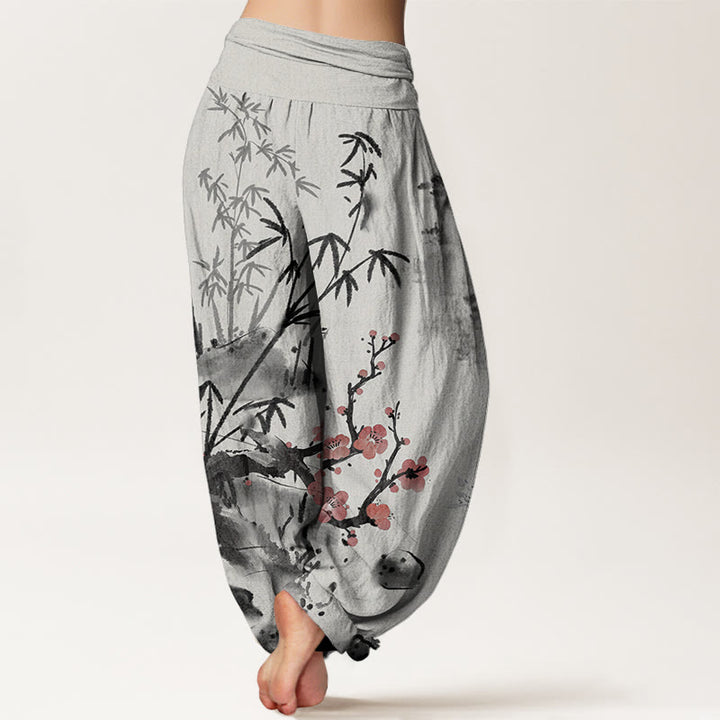 Pantalon harem à taille élastique pour femme , Buddha Stones, coton, fleurs de prunier, bambou, orchidées et chrysanthèmes - image 1