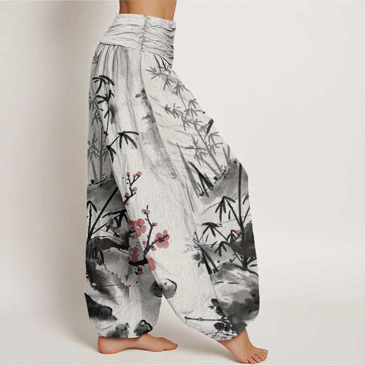 Pantalon harem à taille élastique pour femme , Buddha Stones, coton, fleurs de prunier, bambou, orchidées et chrysanthèmes - image 2