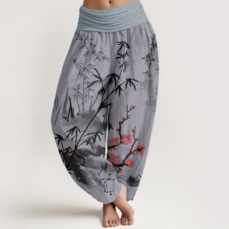 Pantalon harem à taille élastique pour femme , Buddha Stones, coton, fleurs de prunier, bambou, orchidées et chrysanthèmes - Violet moyen - US22，UK/AU26，EU54 (6XL) - image 7