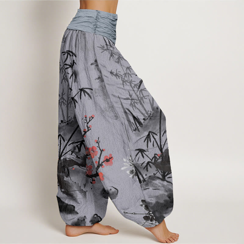 Pantalon harem à taille élastique pour femme , Buddha Stones, coton, fleurs de prunier, bambou, orchidées et chrysanthèmes - image 9