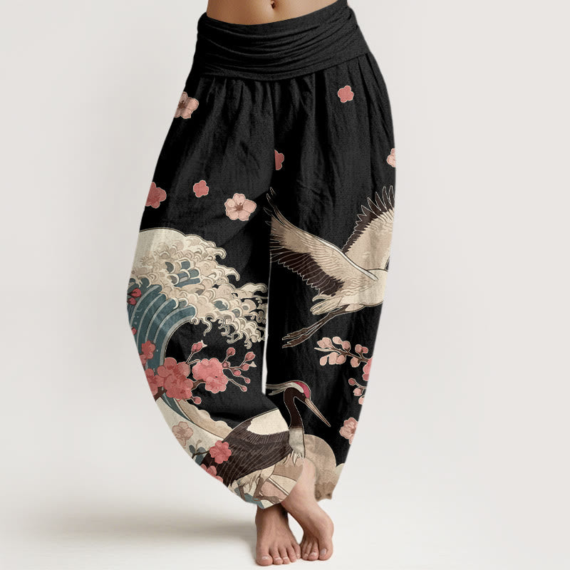 Pantalon harem taille élastique pour femme, en pur coton, à motifs de Buddha Stones, de grues, de fleurs de pêcher et d'océan - Noir - US16，UK/AU20，EU48 (3XL) - image 5