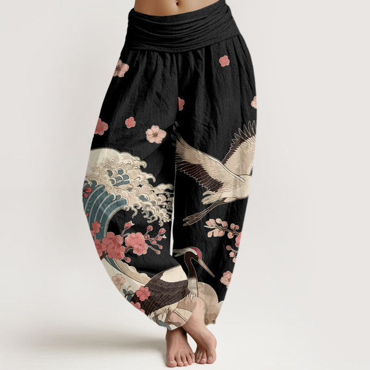 Pantalon harem taille élastique pour femme, en pur coton, à motifs de Buddha Stones, de grues, de fleurs de pêcher et d'océan - Noir - US16，UK/AU20，EU48 (3XL) - image 5