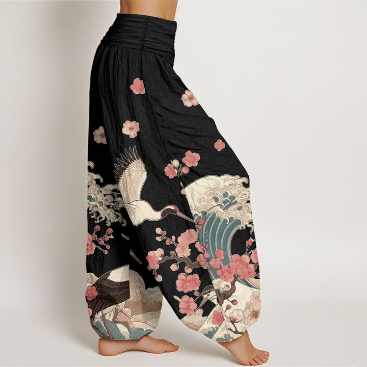 Pantalon harem taille élastique pour femme, en pur coton, à motifs de Buddha Stones, de grues, de fleurs de pêcher et d'océan - image 7