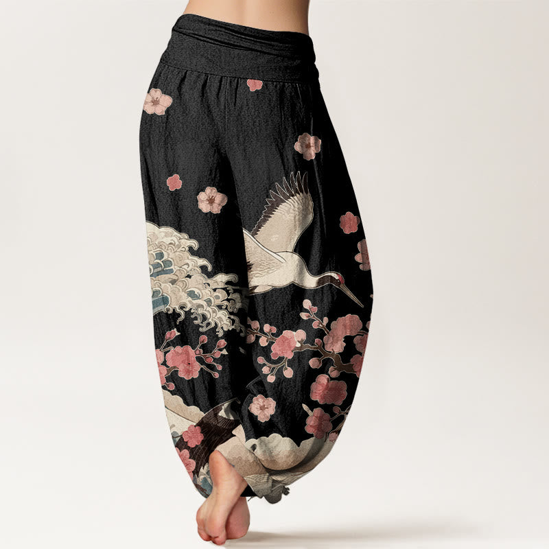 Pantalon harem taille élastique pour femme, en pur coton, à motifs de Buddha Stones, de grues, de fleurs de pêcher et d'océan - image 6